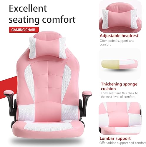 Miniatura 5 de GINMAON Silla de juegos rosa con respaldo alto silla de computadora de oficina Egonómica sillas de videojuegos de piel sintética silla ejecutiva