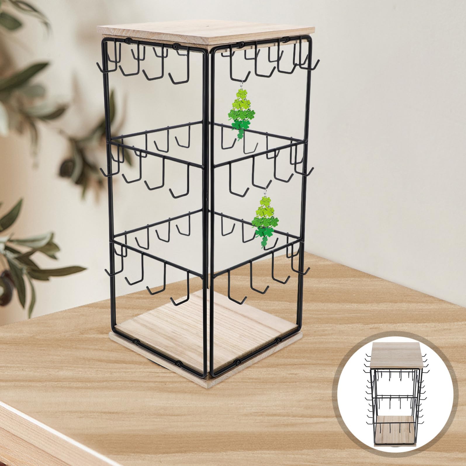 CRAFTHROU Espositore per Orecchini in Legno con Ganci, Struttura a Torre Girevole 360°, Organizer per Gioielli Salvaspazio per Negozi e Banconi