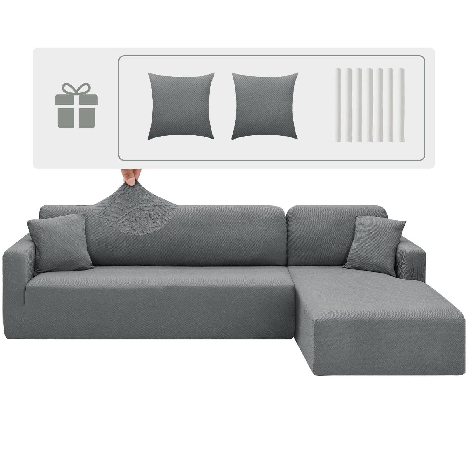 CHELZEN Copridivano con Penisola Elasticizzato, 2 Pezzi Sinistra/Destra Angolo Divano Copertura, Chaise Longue Sofa Cover a Forma di L (3 Posti+3 Posti, Grigio Chiaro)