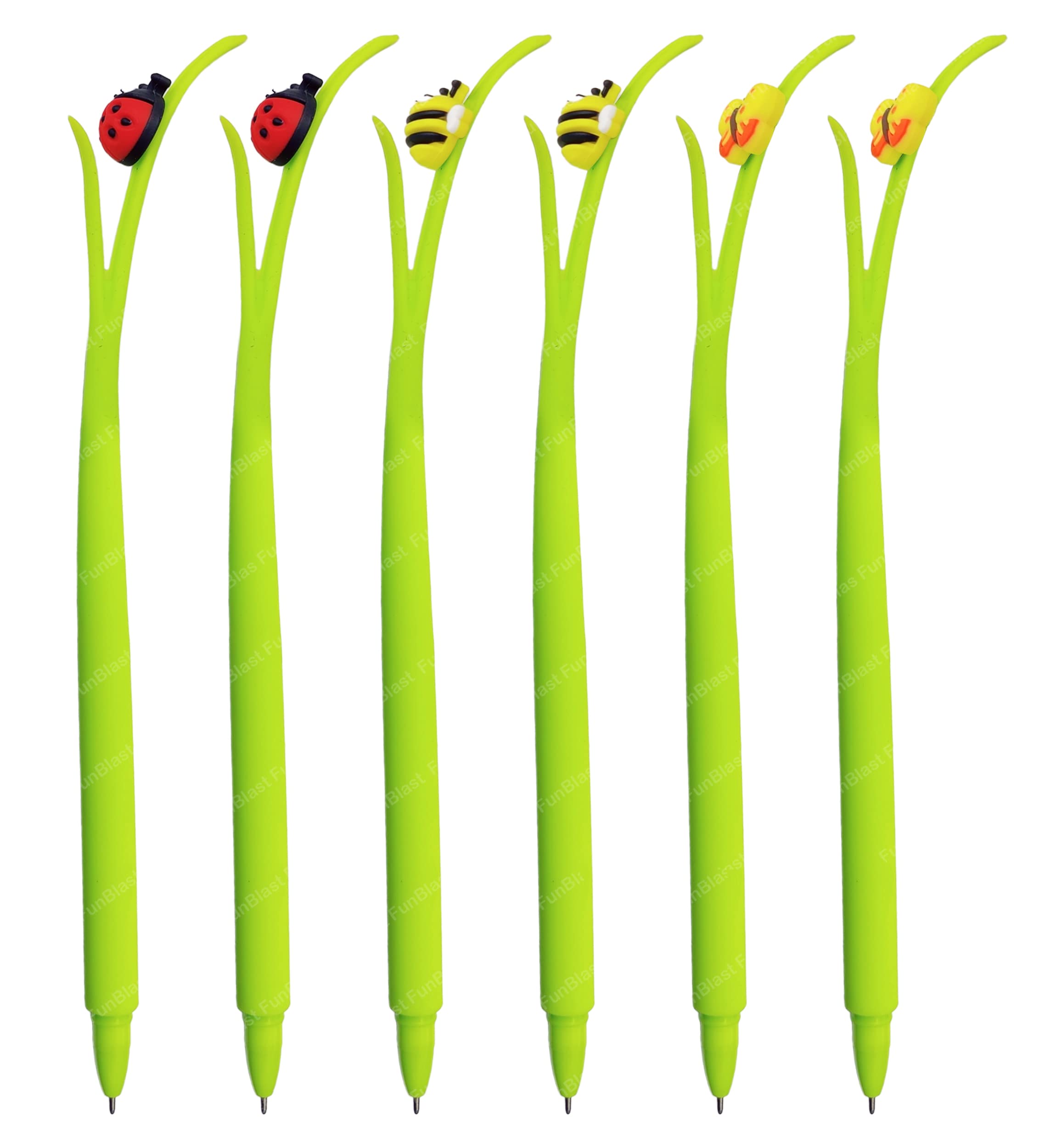 FunBlast Green Grass Shake Ball Pen with Insects Topper - Silicone Ball Pen for Smooth Writing, Japanese Pen Set, Kawaii Ball Pens, Stationery for School & Office, Return Gift for Kids (6 Pc)
