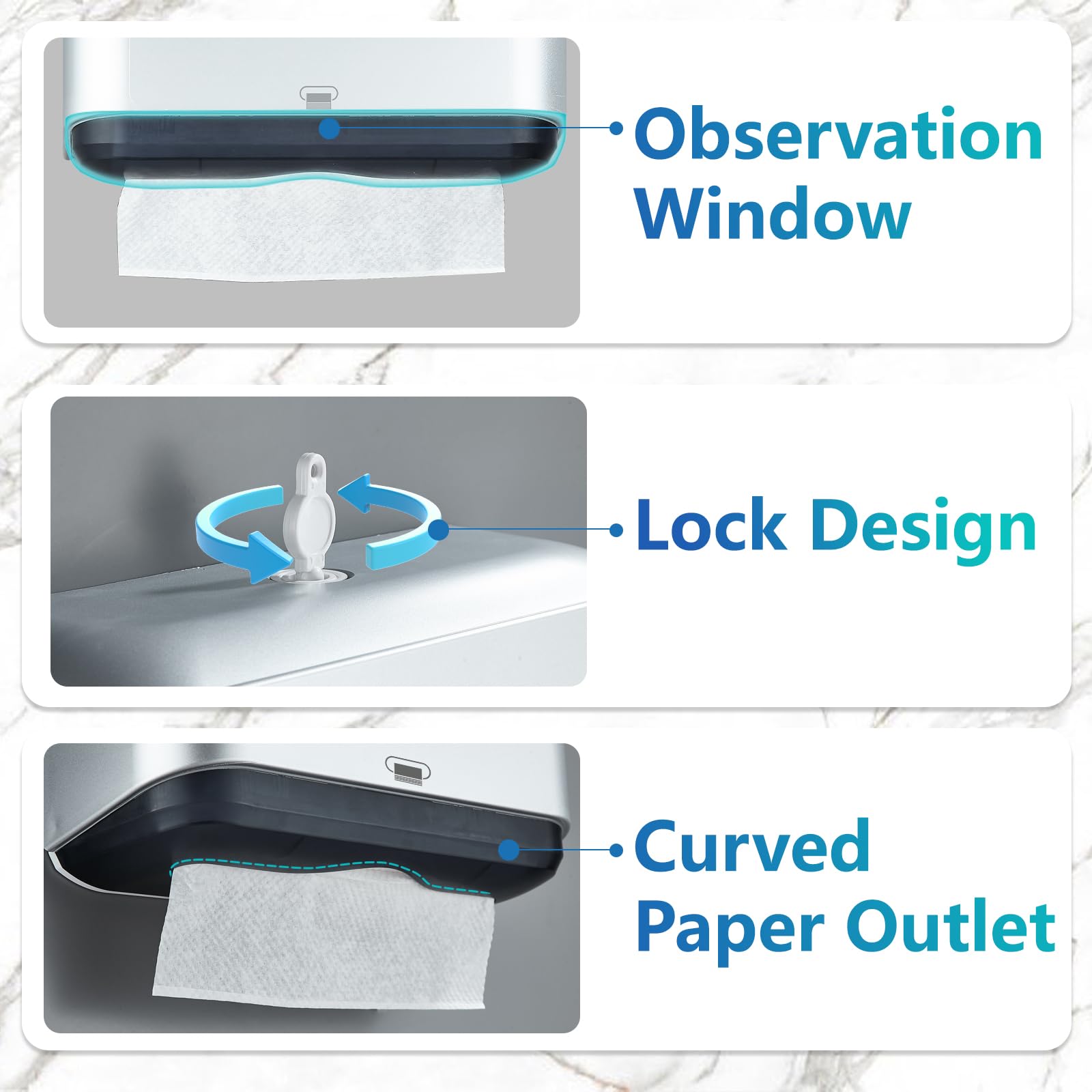 modunful Dispensador de toallas de papel montado en la pared, dispensador de toallas de papel de mano múltiple, soporte de toalla de papel plegable en C para baño, instalación sin agujeros, cubierta