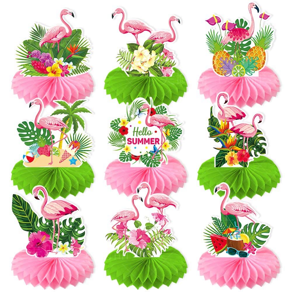Bagkcopp 9 Pcs 3D Flamingo Table Decorations,Beach Honeycomb Centerpieces Beach Party Decorations, Summer Pool Party Table Toppers, Tropical Hawaiian Aloha Luau Theme Party Decorations Supplies