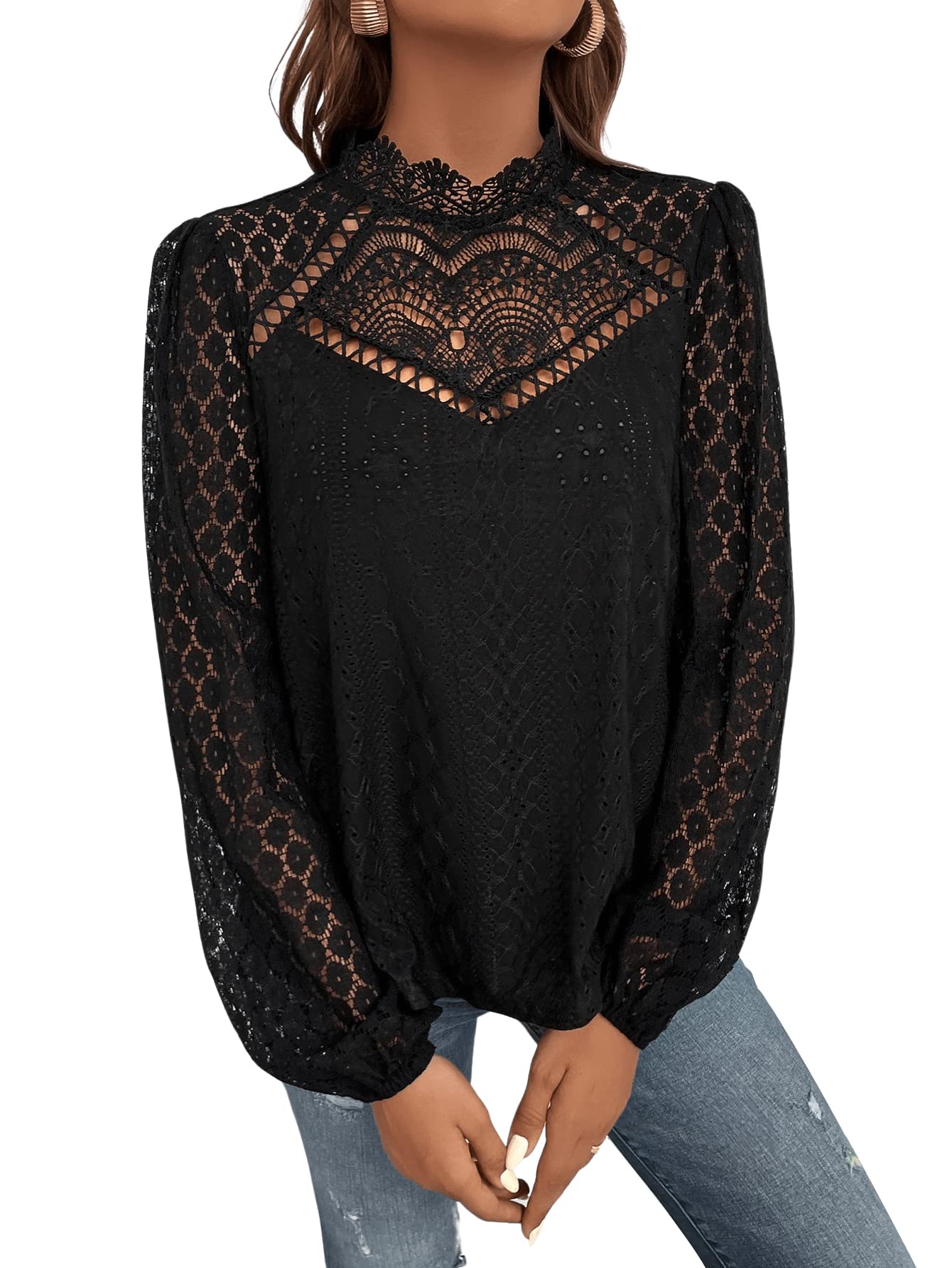 GORGLITTER Blusa elegante para mujer, cuello alto, manga larga, encaje, túnica, blusa con mangas de farol