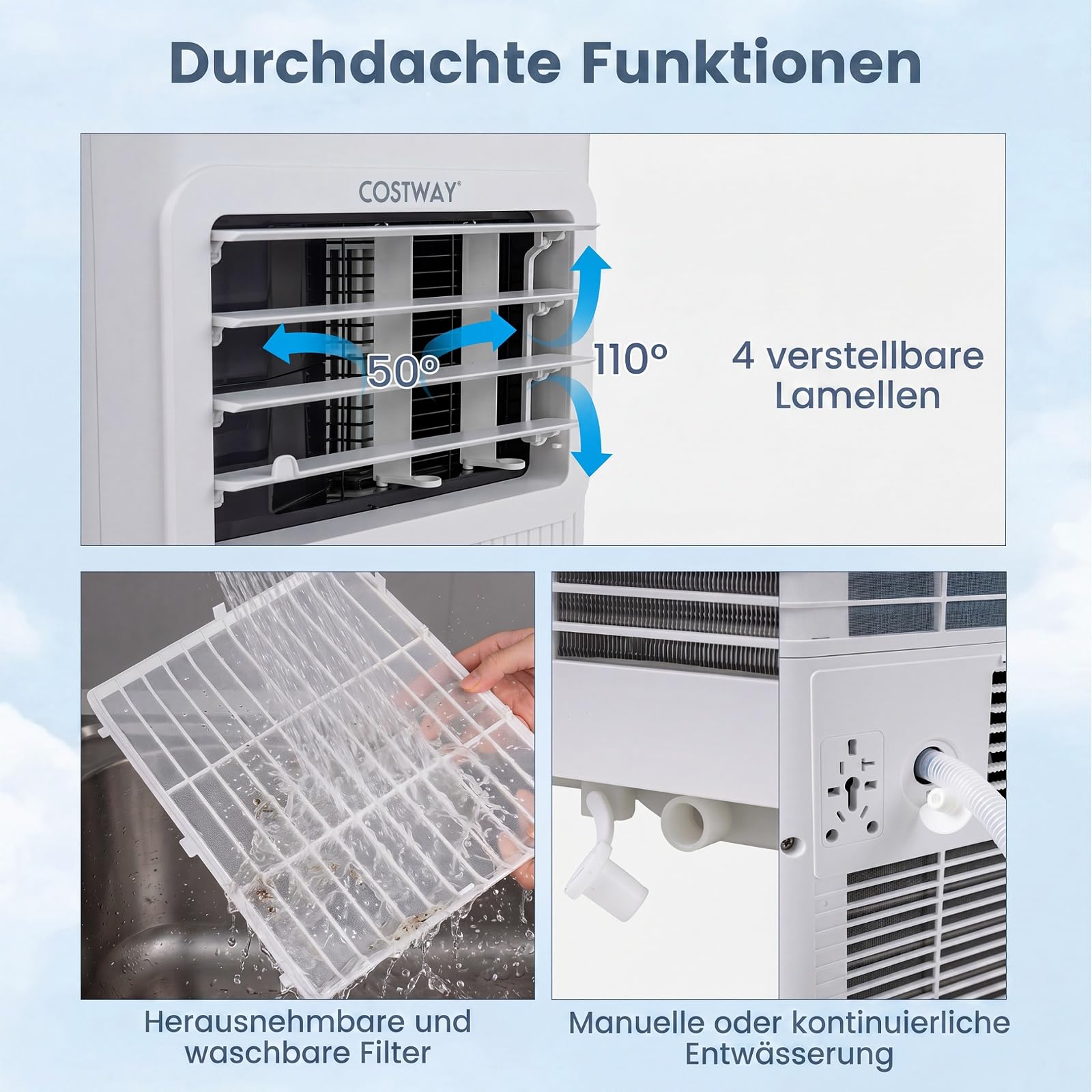 COSTWAY mobile Klimaanlage mit Abluftschlauch, Kühlgerät leise & tragbar | 3 in 1 Klimagerät zum Kühlen, Ventilator & Luftentfeuchter, Air conditioner mit Schlafmodus, 24H Timer, & Fernbedienung