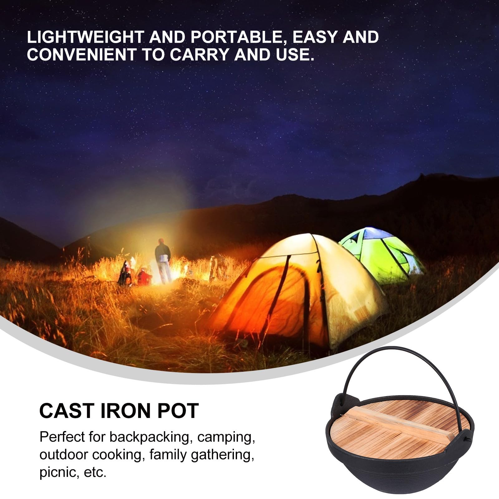 Tofficu Gusseiserner Outdoor Kochtopf 1 Satz Leichter Tragbarer Camping Hot Pot aus Gusseisen mit Holzgriff für Camping und Familienfeiern