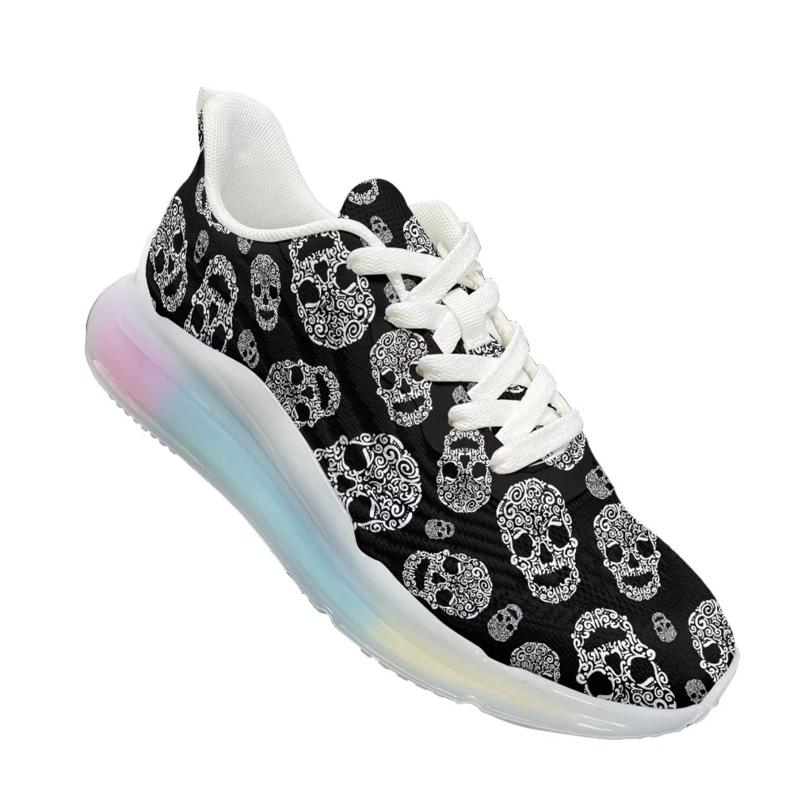 Scarpe da ginnastica da donna, da corsa, in rete, da palestra, da passeggio, Teschio nero., 36 EU