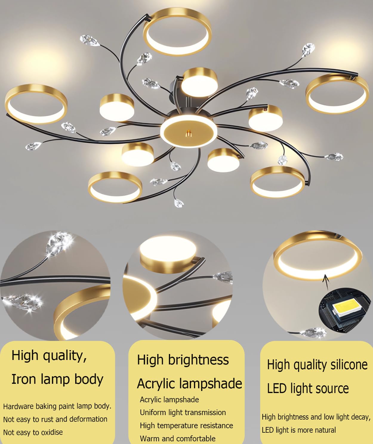 Luce a sospensione di cristallo LED dimmerabile con telecomando regolabile 3000K-6000K 110W Plafoniera a più teste per soggiorno, camera da letto e sala da pranzo (10+1 teste)