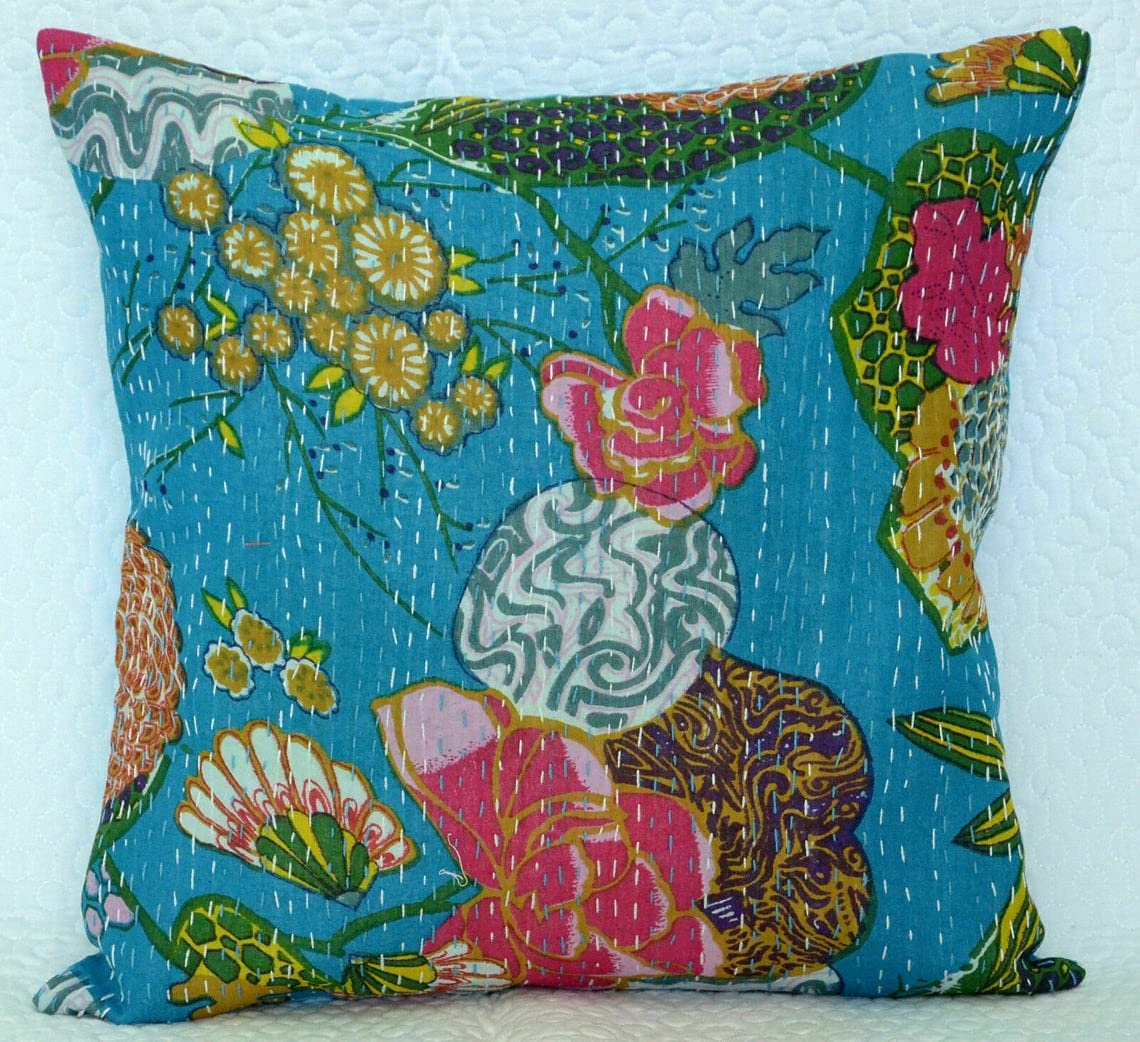 Estationeryhouse Blue Hand Stitched Vintage Kantha Cushion Cover | Indian Cushion Cover | Boho Cushion | Throw Pillow (Blue)