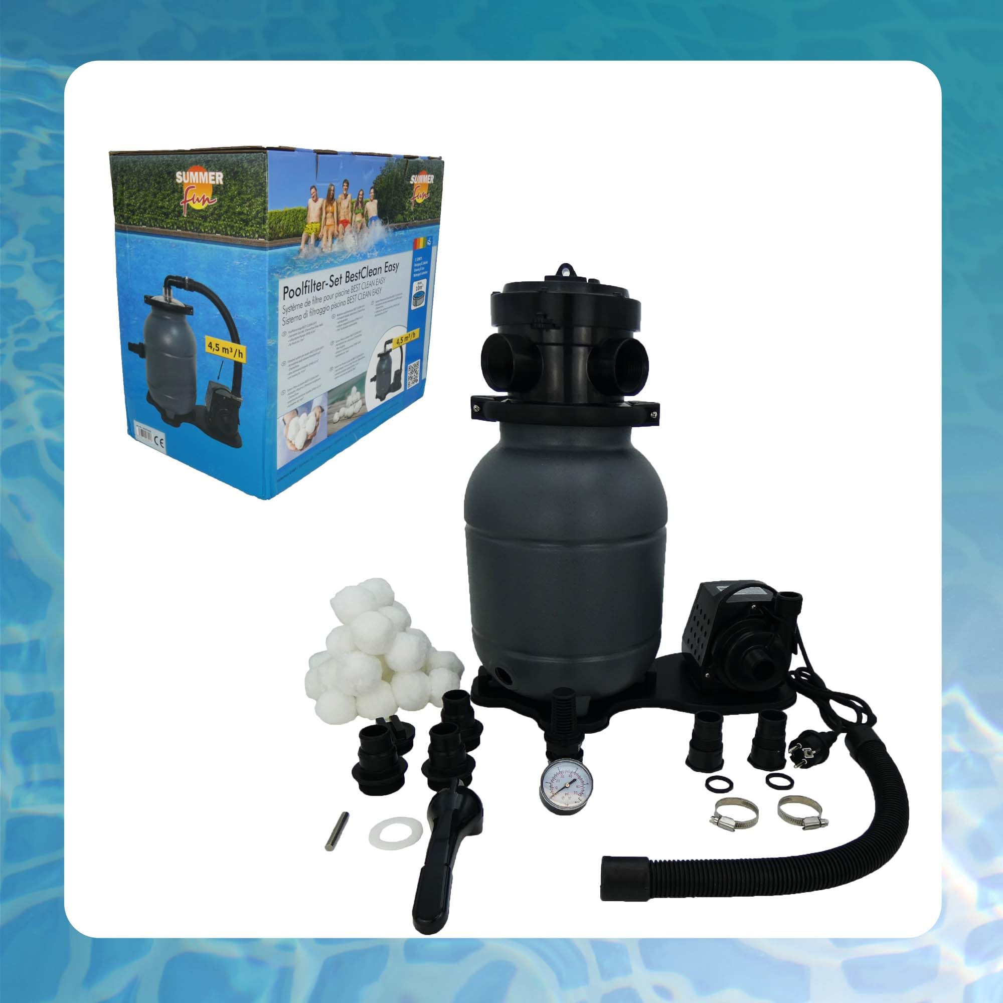 EDG Groupe Filtration Piscine - Maxi 10m3 - Fourni avec Balles Filtrantes - Connexion Tubes 32/38 - Kit Filtration Piscine Hors Sol - Summer Fun Best Clean