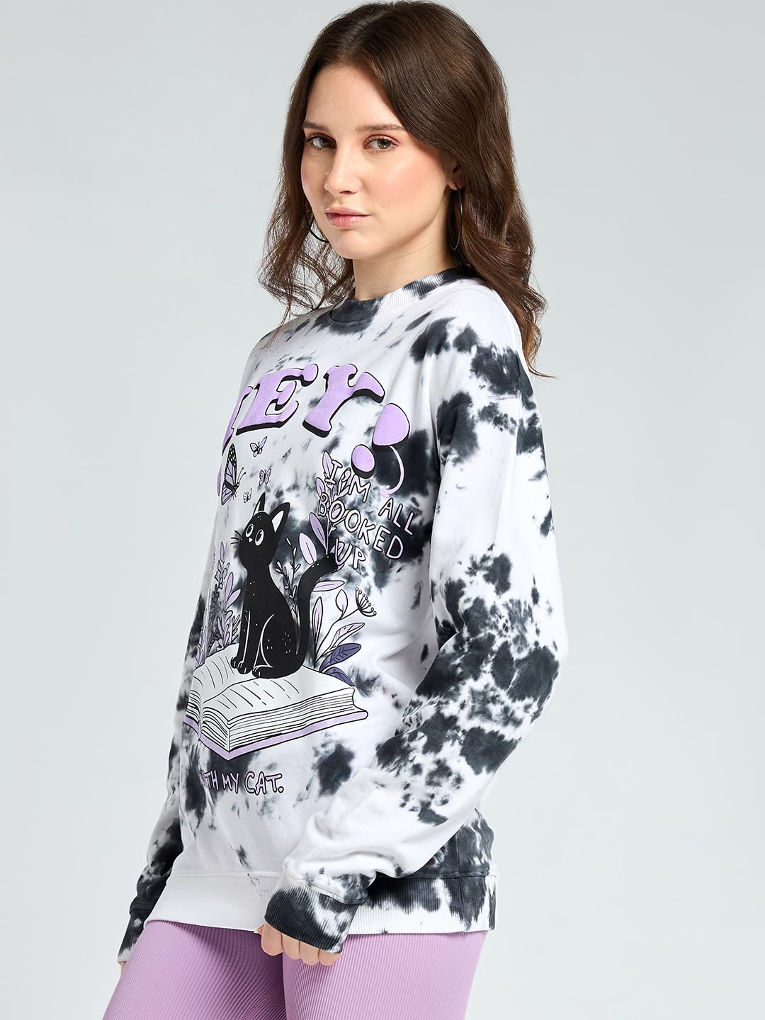 Bewakoof Bluza z długim rękawem z frotte z okrągłym dekoltem i nadrukiem graficznym dla kobiet, biało-szara_694310, 36