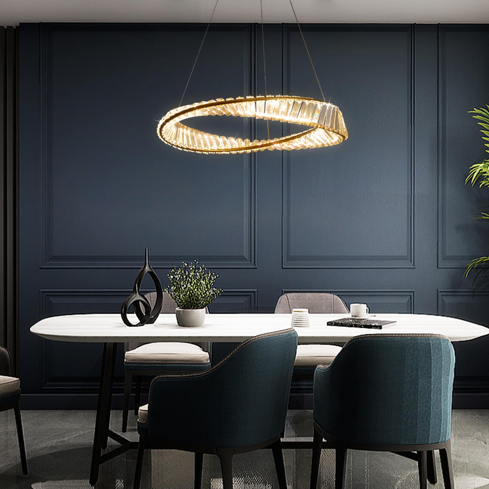 Lampadario Camera Da Letto,Acciaio Inossidabile Oro Anelli Irregolari Lampadari Plafoniera,Moderna Lampadario Cucina A Led Dimmerabile In Cristallo Per Soggiorno Cucina Camera Da Letto D60Cm