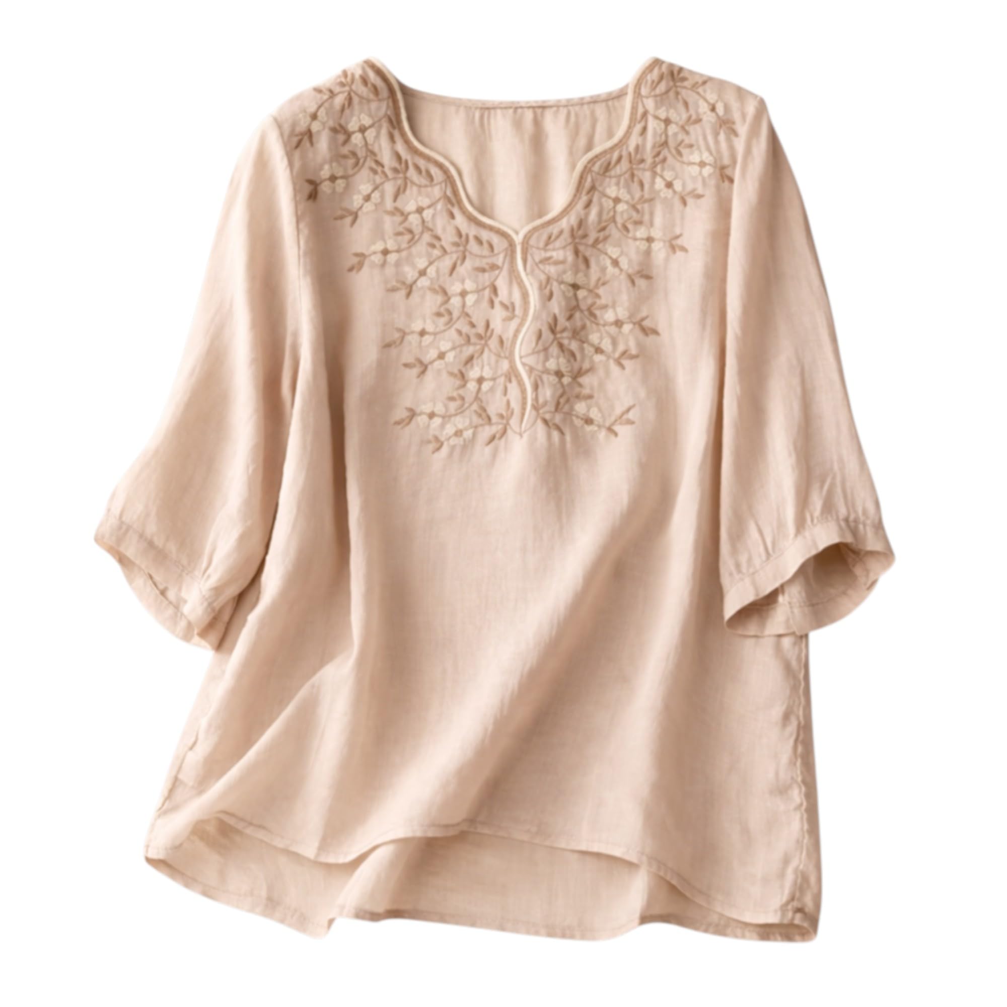 Anouk Womens Elegant Beige Floral Embroidered Tunic Top with Scalloped V Neck, Elbow Length Sleeves, Relaxed Fit, Lightweight, Casual Ethnic Style Top in beige