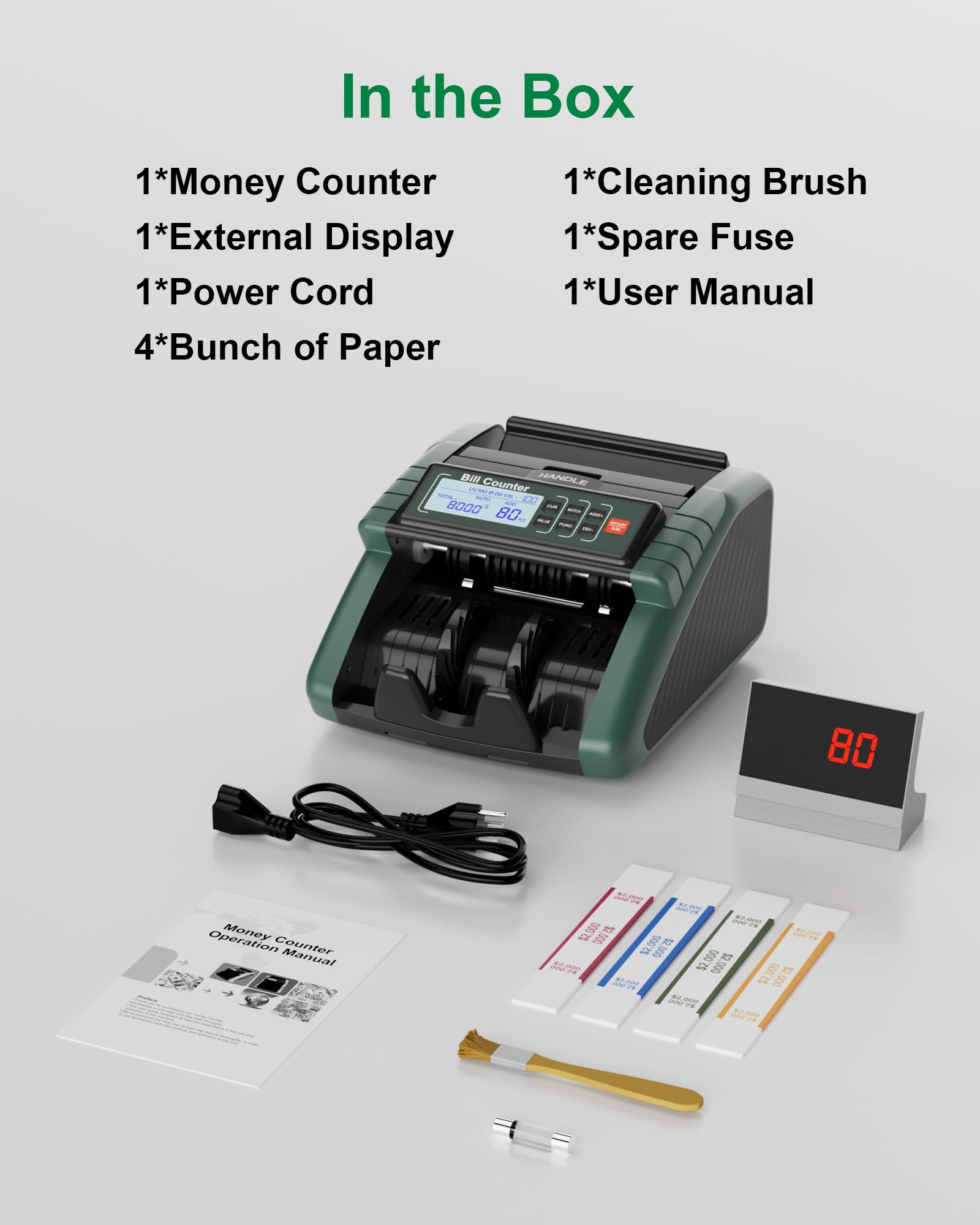AL1000 Contador de Billetes, Detección de Billetes Falsos UV/IR/DD/MG, Conteo de Valor & Lote & Adición, Pantalla LCD, 1200 Billetes/Min, Compatible con Múltiples Monedas, Verde Oscuro