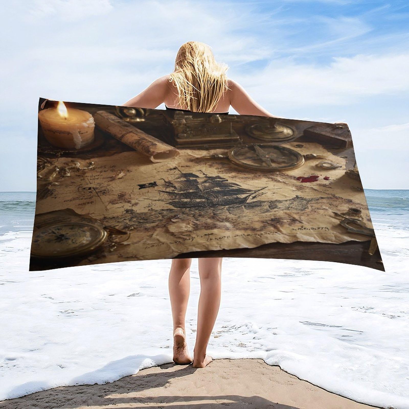 Luyysky Vintage Realistic Old Map Quick-Drying Beach Towel, Rustic Watercolor Mid Century Nautical Map Sailing Ship Compass Travel Vacation Single Sided Pile Bathroom Towels-80 W Cm X 160" L Cm