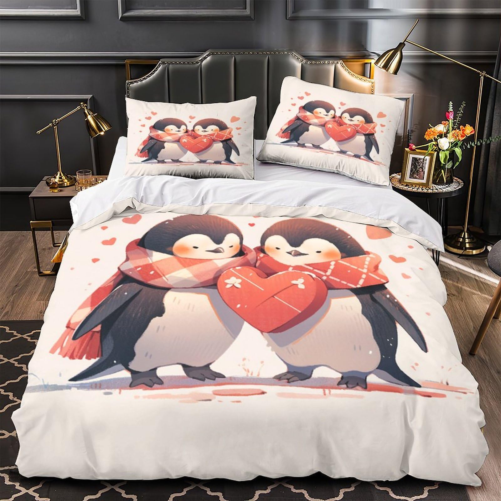 3D Gedruckt Niedliche Pinguin Pärchen Bettbezug Mikrofaser Sanft Schlafzimmerdeko Pinguin Bettwäsche Set für Zuhause Super King（260x220cm）