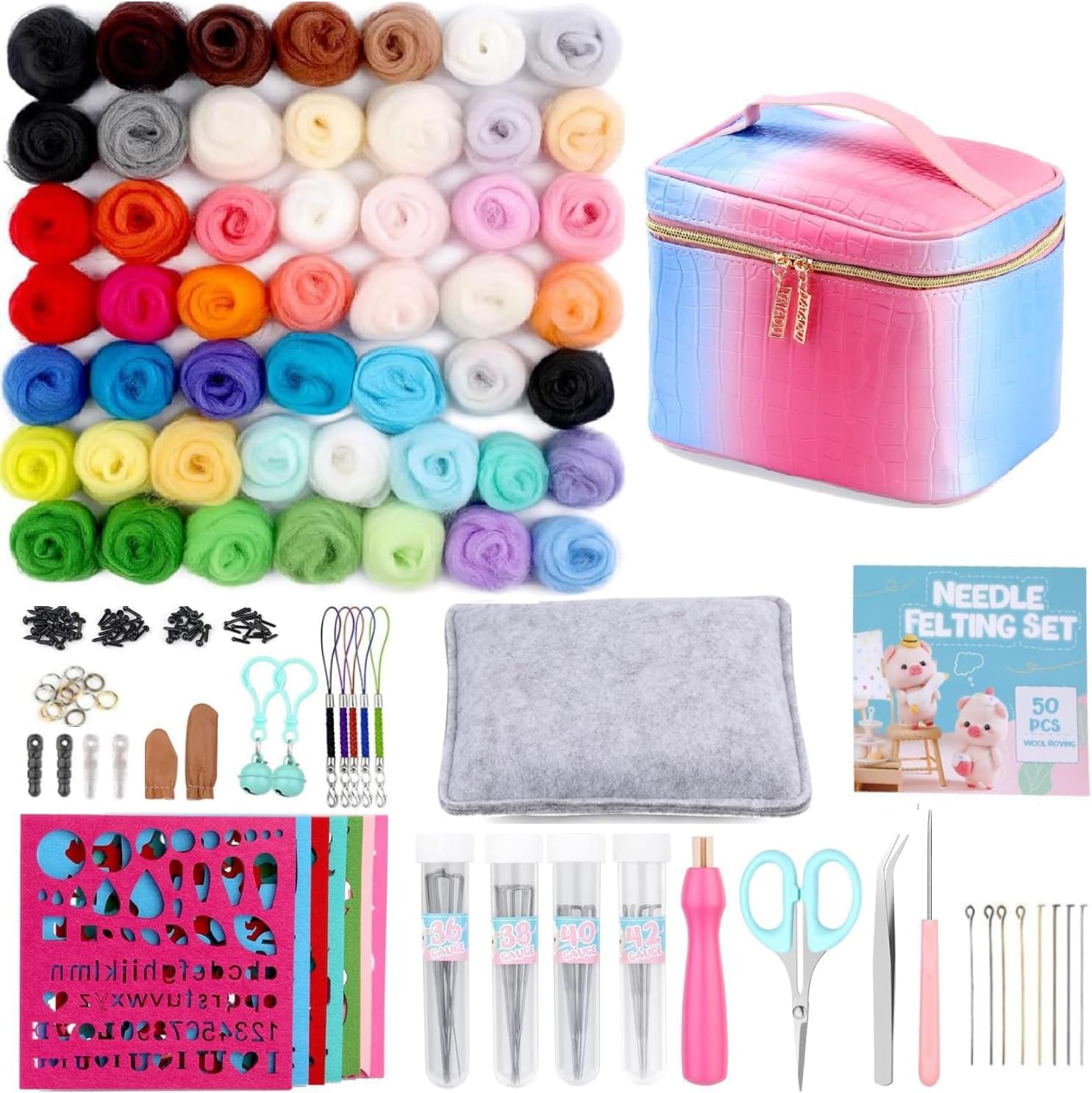 50 Colors Needle Felting Kit, 185 Pcs Needle Felting Tools and Supplies with Wool Roving, Needle Felting Starter Kit for Beginners with Felting Needles, Felting Mad for Diy Hand Craft Home Decoration