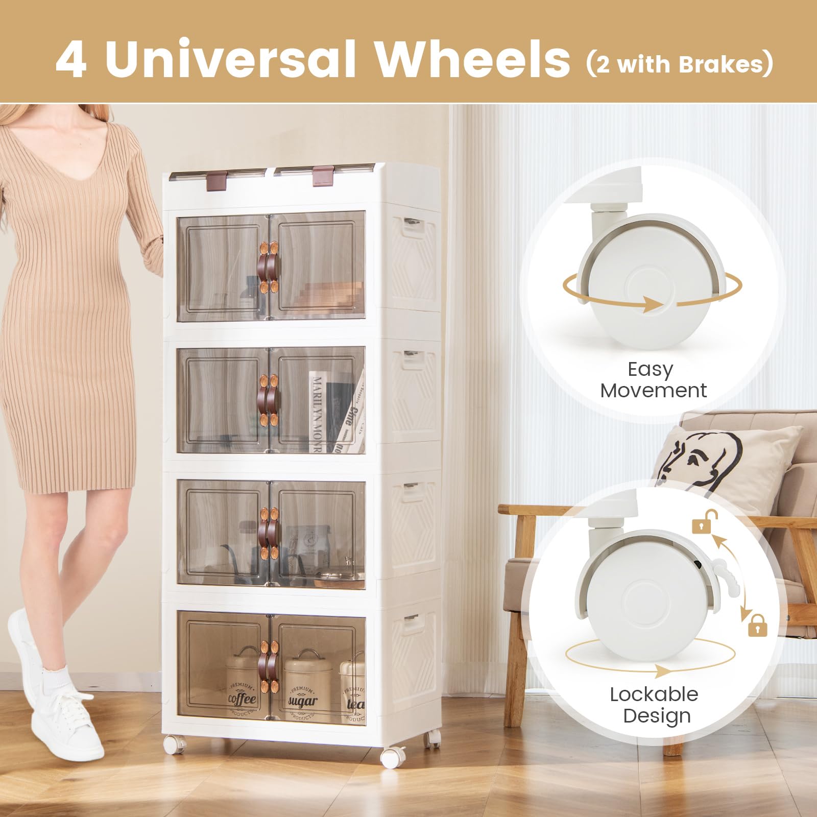 GIANTEX Contenedor Plástico de Almacenamiento 210 L, Caja Apilables con Tapa y Ruedas, Carrito de Almacenaje con 4 Cubos Apilables, Caja Organizador para Salón, Dormitorio (4 Niveles)