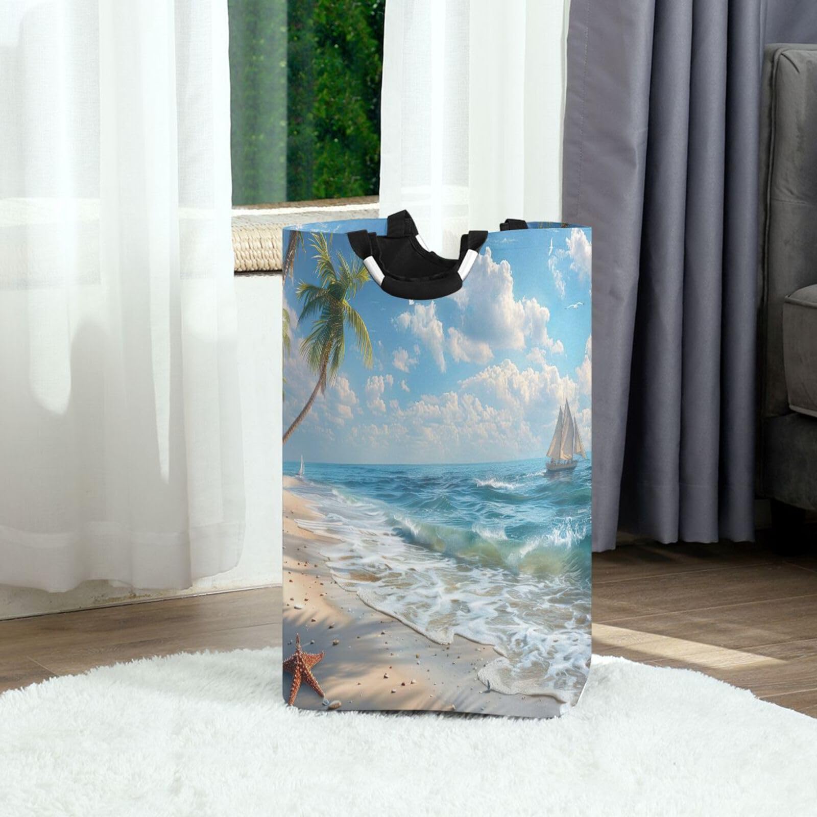 Jihqo Laundry Hamper Basket Beautiful Beach Scene Collapsible Nursery Storage Bin Waterproof Clothing Baskets for Home Bedroom Bathroom Washing Room