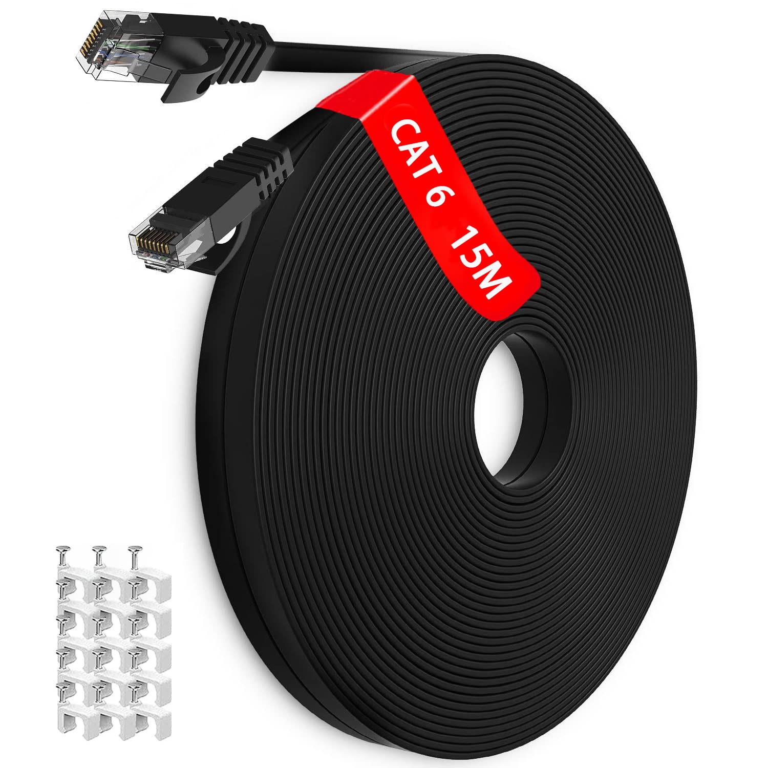 Cat6 Ethernet Cable 15m, Long RJ45 Ethernet Cable High Speed Internet Cable 15 meter, Flat Gigabit LAN Cable 250MHz Slim Patch Cord Faster than Cat5, Black Thin WLAN Cable for Modem Switch Router