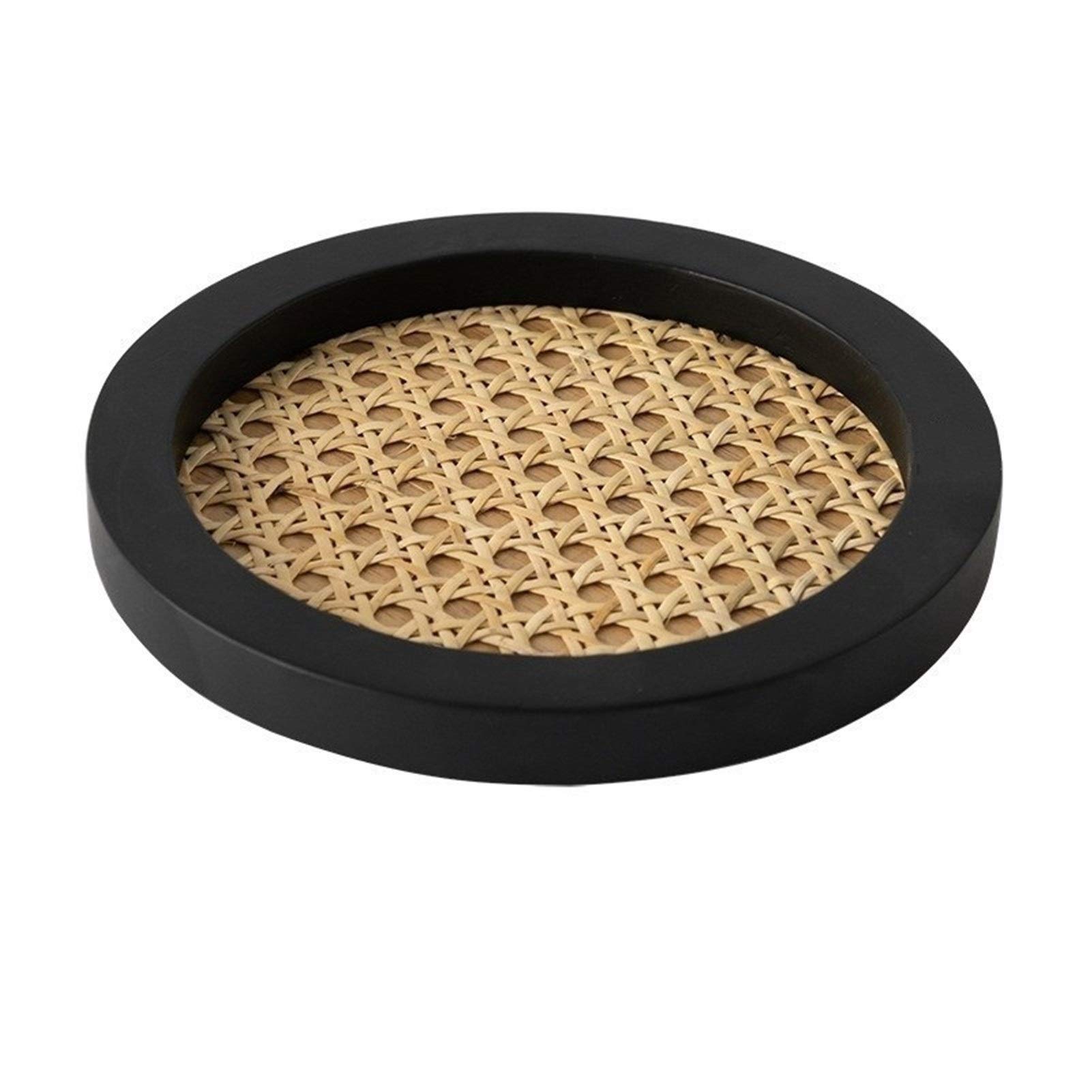 JUNZHENHome simple Japanese style wooden tray perfume jewelry storage tray solid wood frame bamboo rattan decorative tray (Color : Black Round)