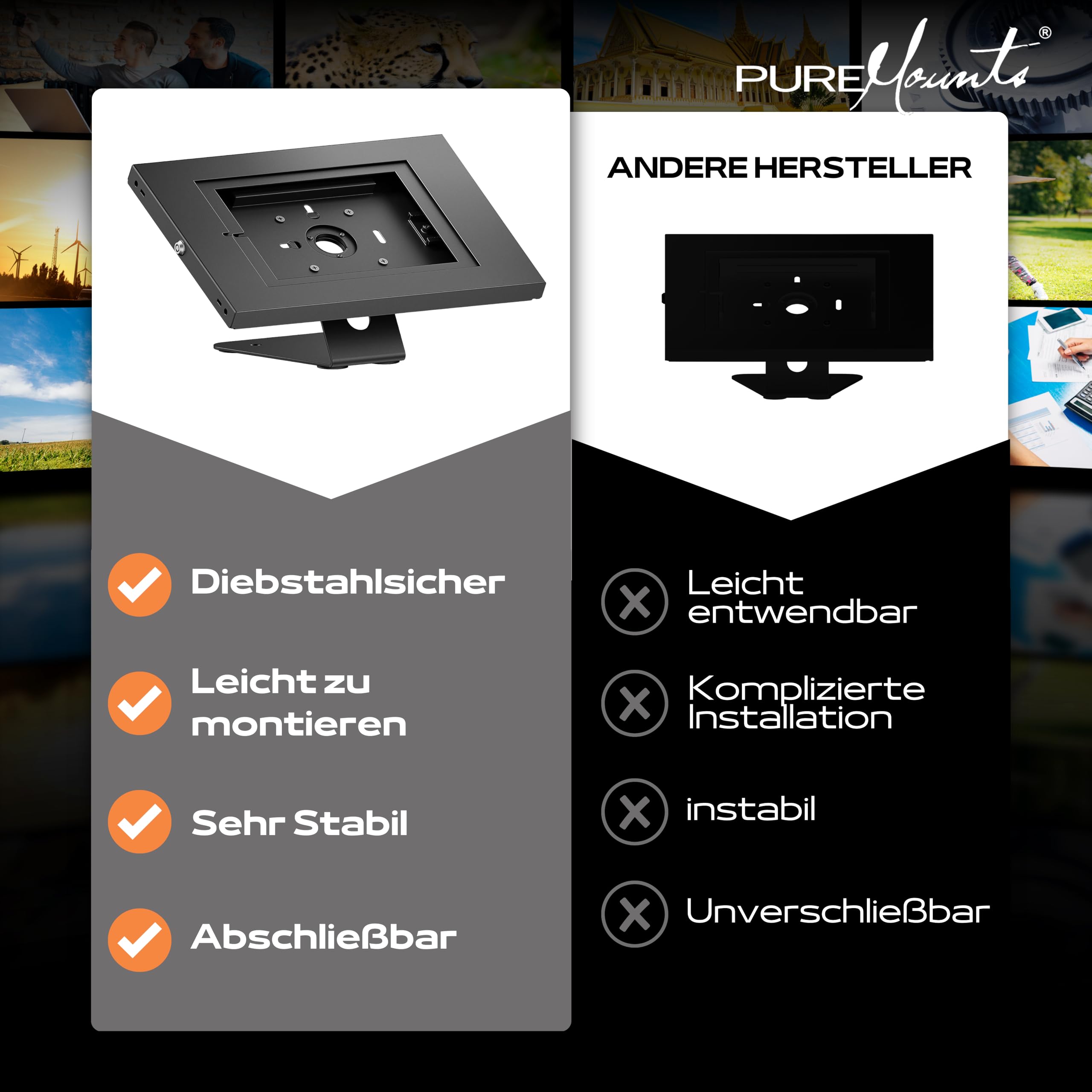 PureMounts® Support de Tablette avec boîtier en verrouillable pour iPad 5/6/7/8/9/ IPad Air 9.7"/ 10.5"/10.9"/ IPad Air 9.7"/10.5"/11" et Samsung Tab A 10.1 (2019)/ Onglet A7/S6 Lite 10.4", Noir