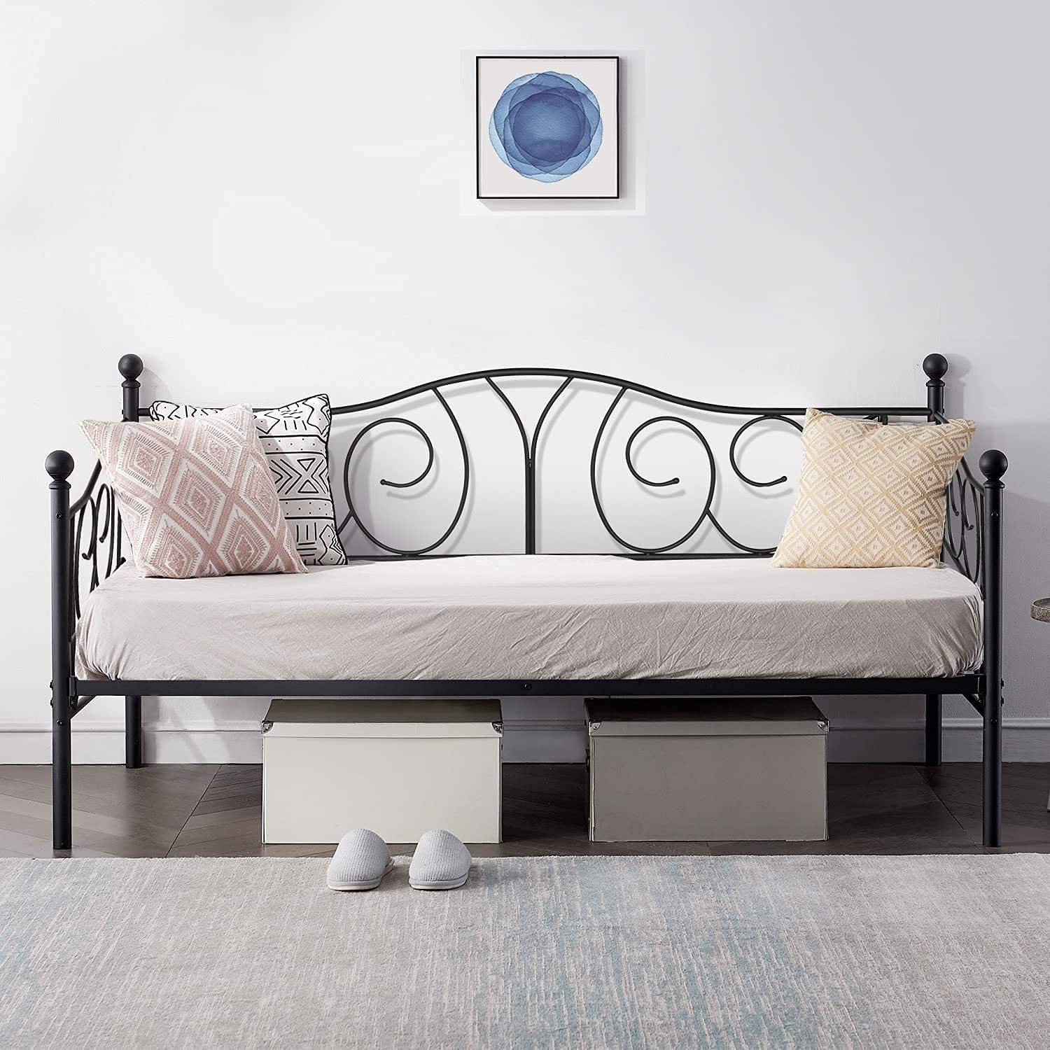 VECELO Twin Daybed with Headboard, Metal Bed Frame with Steel Slats, Multifunctional Mattress Foundation/No Box Spring Needed, Matte Black