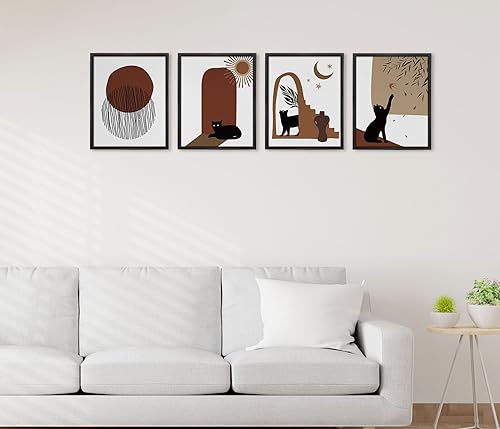 Miniatura 2 de GOXFOC Impresiones artísticas bohemias para pared, bonitas impresiones de sol de gato negro para decoración de pared, juego de 4 pósteres de pared