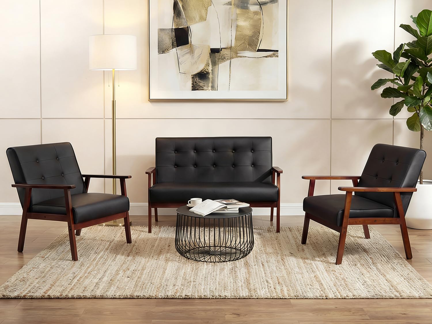 JIASTING Mid Century 1 Loveseat Sofa and 2 Accent Chairs Set Modern Wood Arm Couch and Chair Living Room Furniture Sets (8428 Black Set)