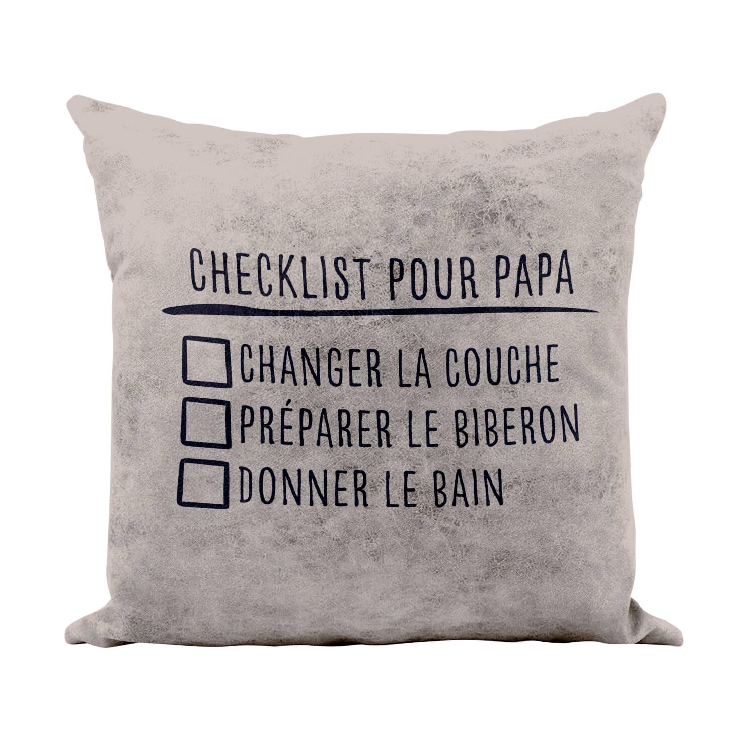 Coussin camel checklist pour papa idee cadeau humour naissance 40x40