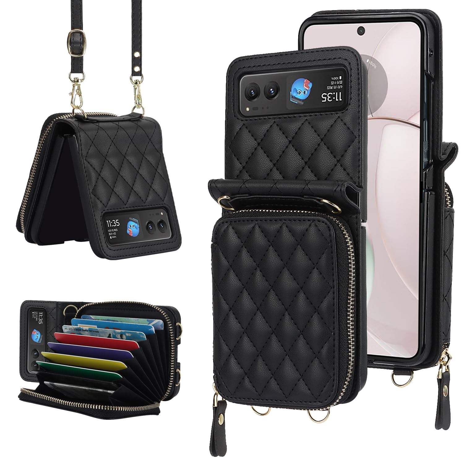 NINKI Compatible for Motorola Razr 2023 Case with Card Holder,Wallet Phone Cover for Moto Razr 2023 Leather Wristlet Finger Loop Case with Detachable Strap for Moto Razr 40 Black
