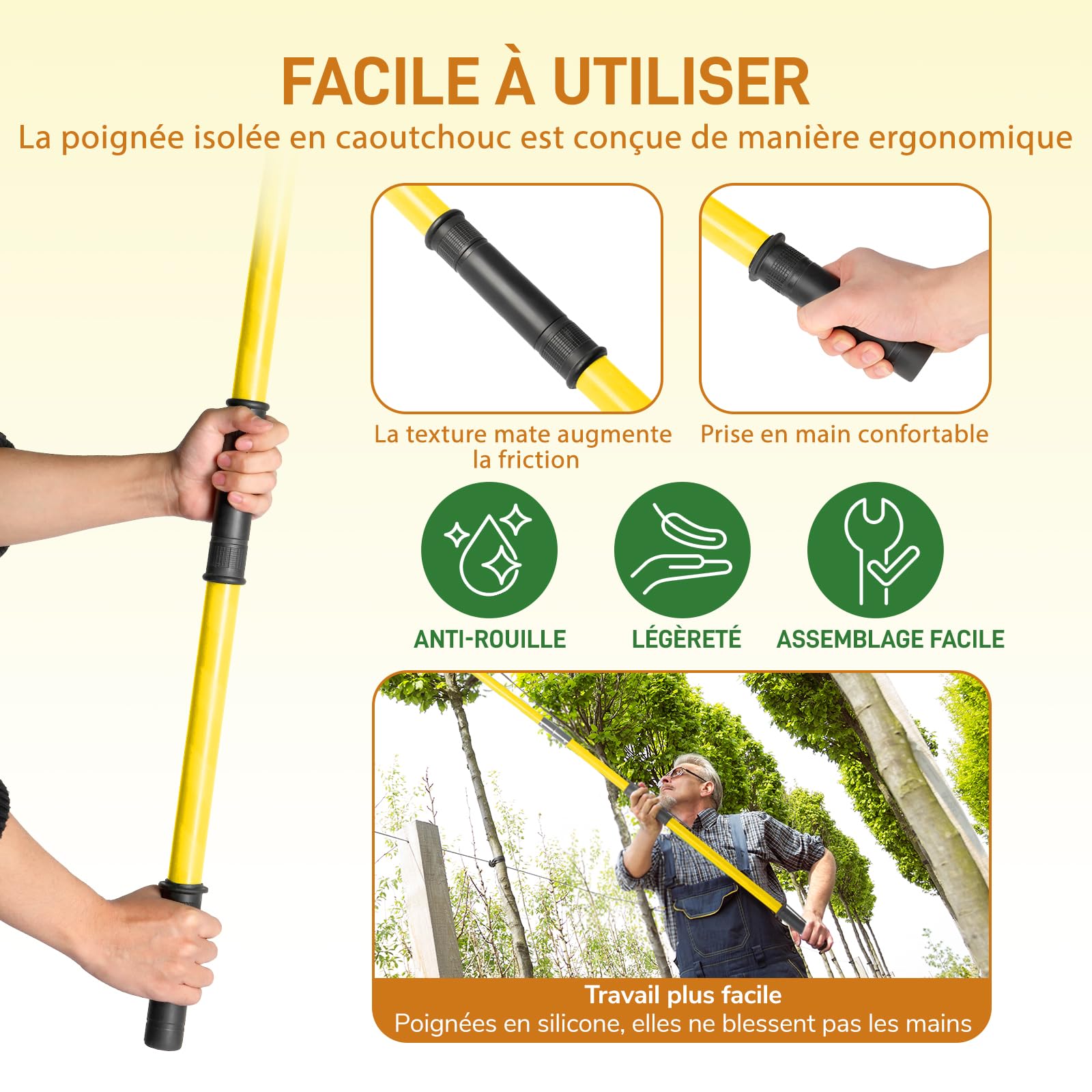 LEADZM Sega per potatura telescopica 2-8 m, lama in acciaio affilata, sega per potatura, con 8 pali in fibra di vetro, taglio ramo telescopico per potatura palme arbusti, giallo