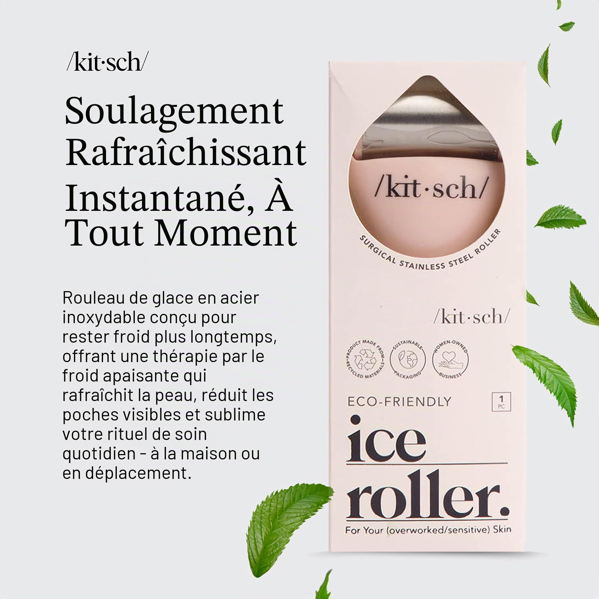 Kitsch Rouleau à Glace pour le Visage et les Yeux, Soin de la Peau Froide pour le Drainage Lymphatique du Visage, les Cernes et le Soulagement de la Migraine Outil de Massage du Visage, Rose