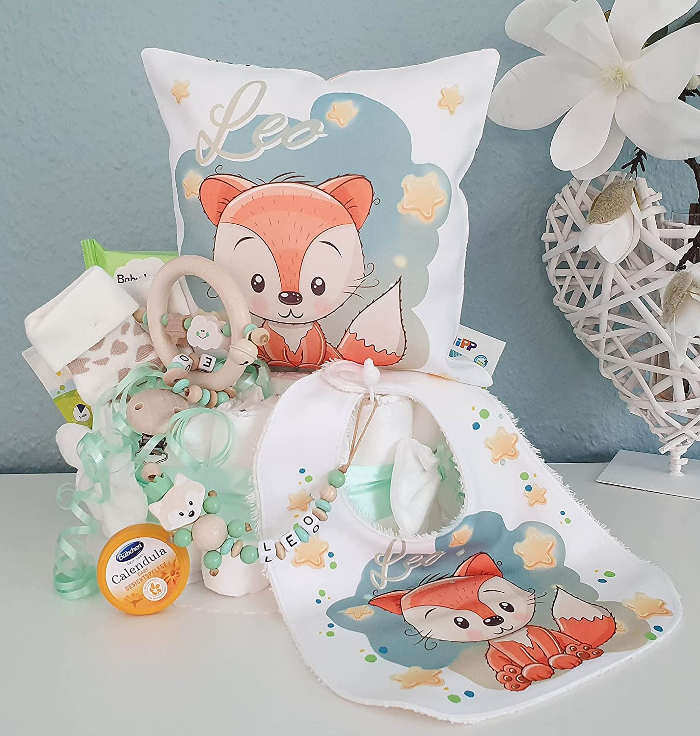 Windeltorte mit Name - Kuschelkissen Fuchs I Schnullerkette I Geschenk, Babyparty, Geburt oder Taufe + gratis Grußkärtchen