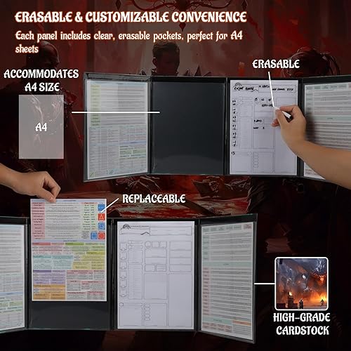 Vista 3 de CZYY DM Screen - Pantalla de 4 paneles de cartón con bolsillos borrables y transparentes, herramienta de escudo maestro de juego de mazmorras