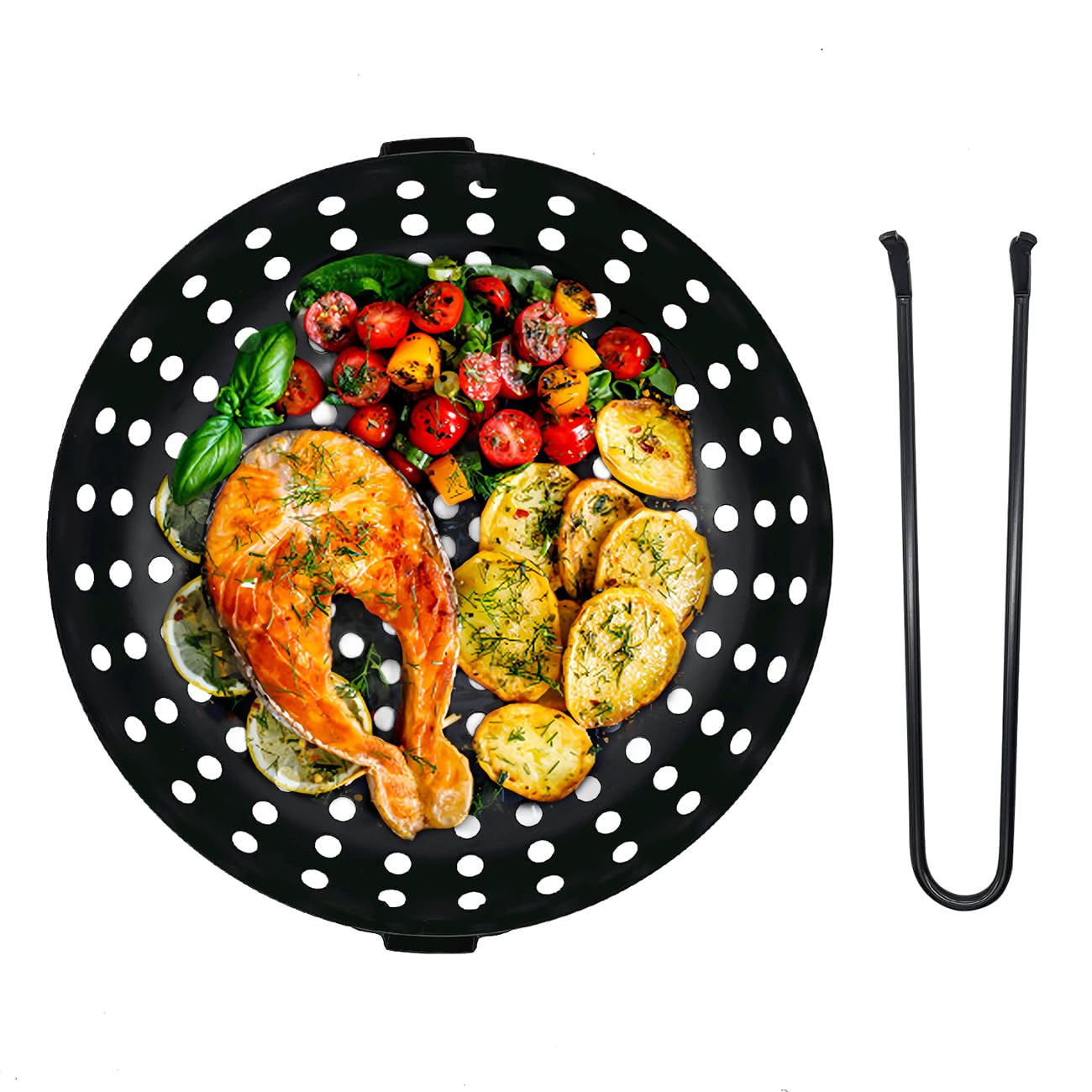 Sartén de acero inoxidable con mango plegable, bandeja con base perforada para asar verduras y carne