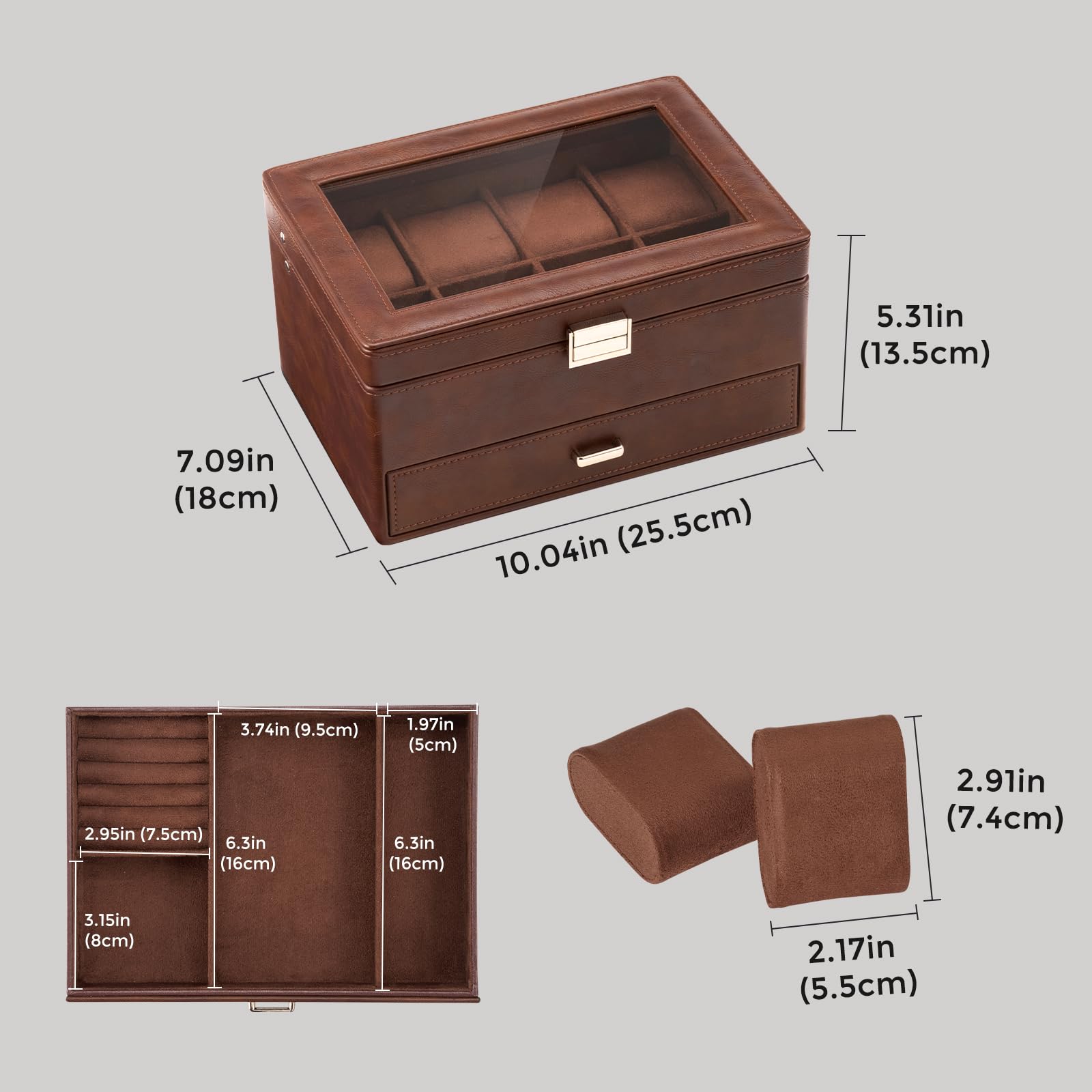 Portagioie per Uomo, Scatola Organizer con cassetto, teca espositiva con Coperchio in Vetro - Marrone, 8 Scomparti
