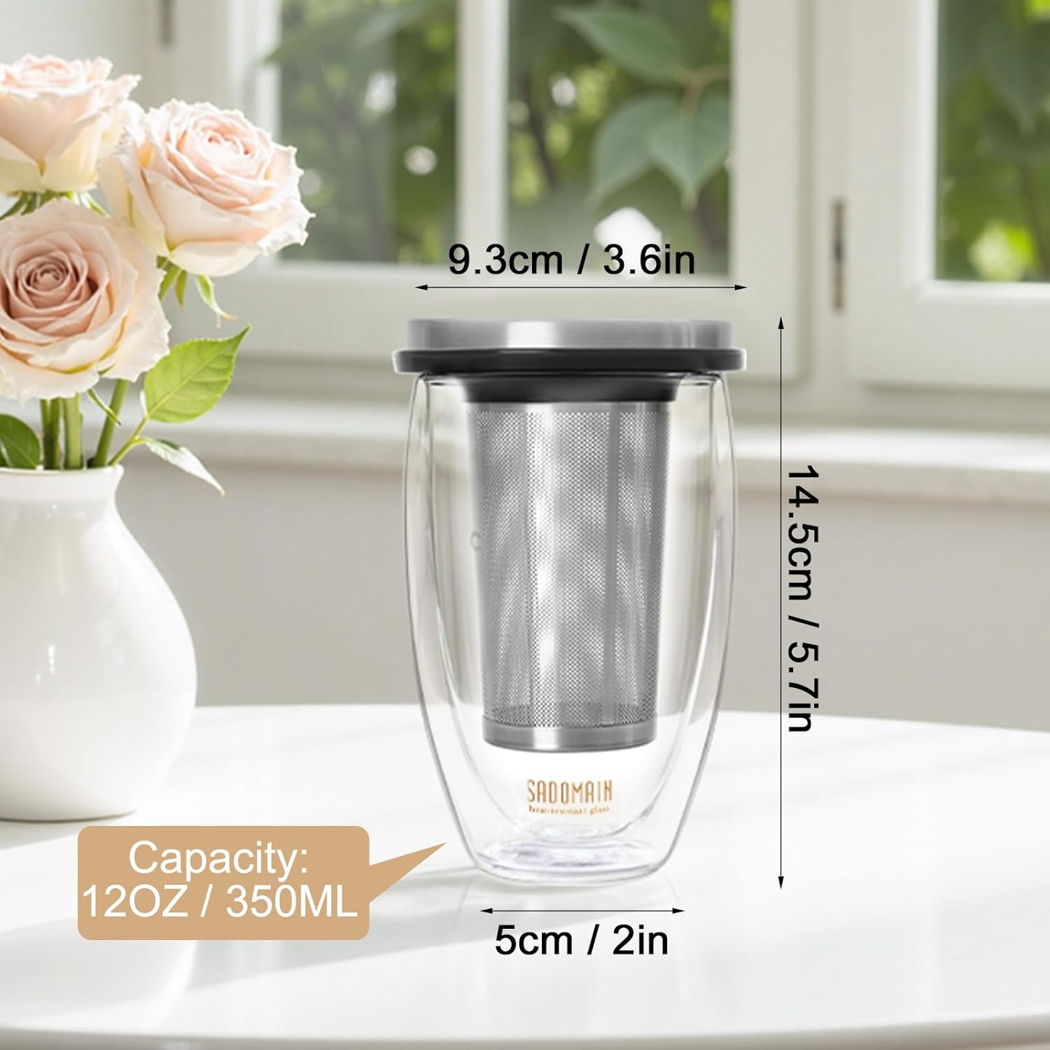 Glass Tea Cup with Infuser and Lid, Tea Infuser Mug in 12 OZ/350ML, Heat-Proof Double Wall Glass Tea Cup, 100% Plastic-Free Tea Mug with Lid and Strainer, Keeps Drinks Hot/Cold Longer Time - Image 4