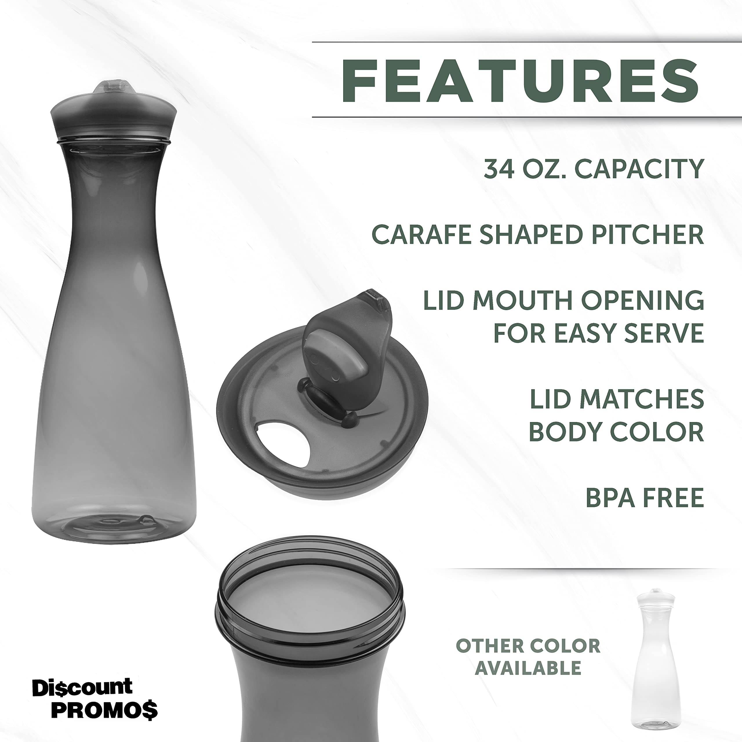 Clear Plastic Carafes with Lid 34 oz. Set of 10, Bulk Pack - Perfect for Water, Juices, Smoothies, Milk and Other Beverages - Smoke