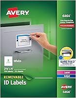 Vista 1 de Avery Removable ID Labels, Sure Feed Technology, Removable Adhesive, 3-1/3" x 4", 150 Labels (6464)