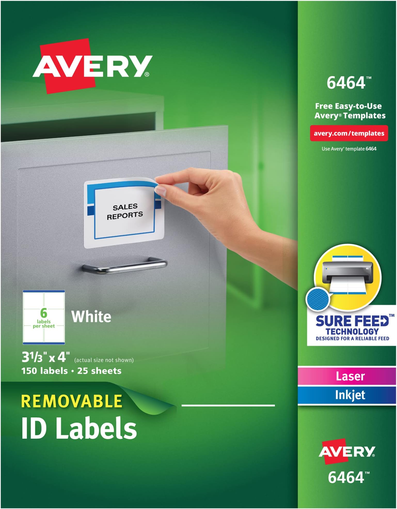 Removable ID Labels, Sure Feed Technology, Adhesive, 3 1/3" x 4", 150 Labels (6464)