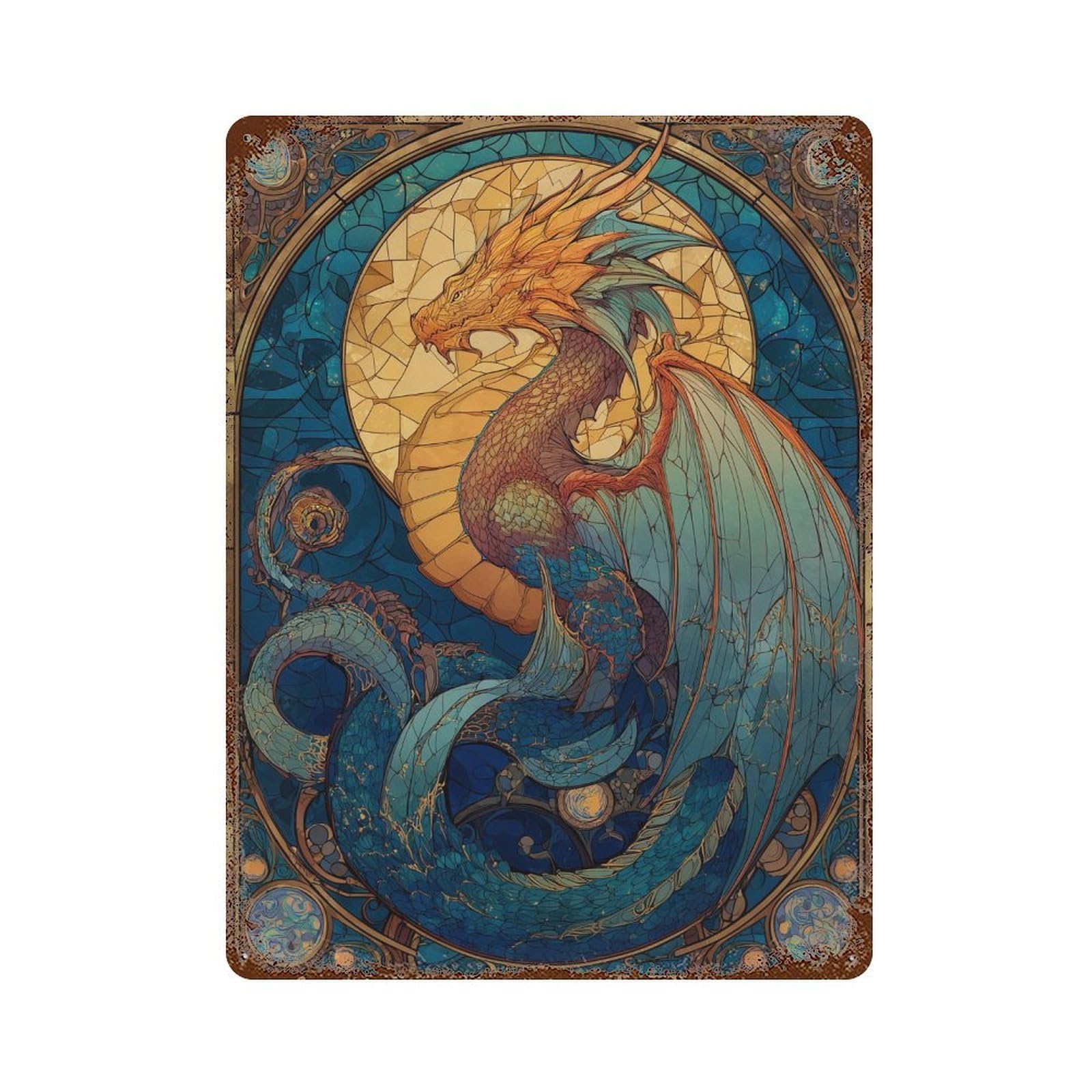 Fantasy Dragon Stained Glass Artwork Distressed Metal Wall Sign 15.7"x11.8", Ideal for Cafe, Home Bar And Lounge Decor