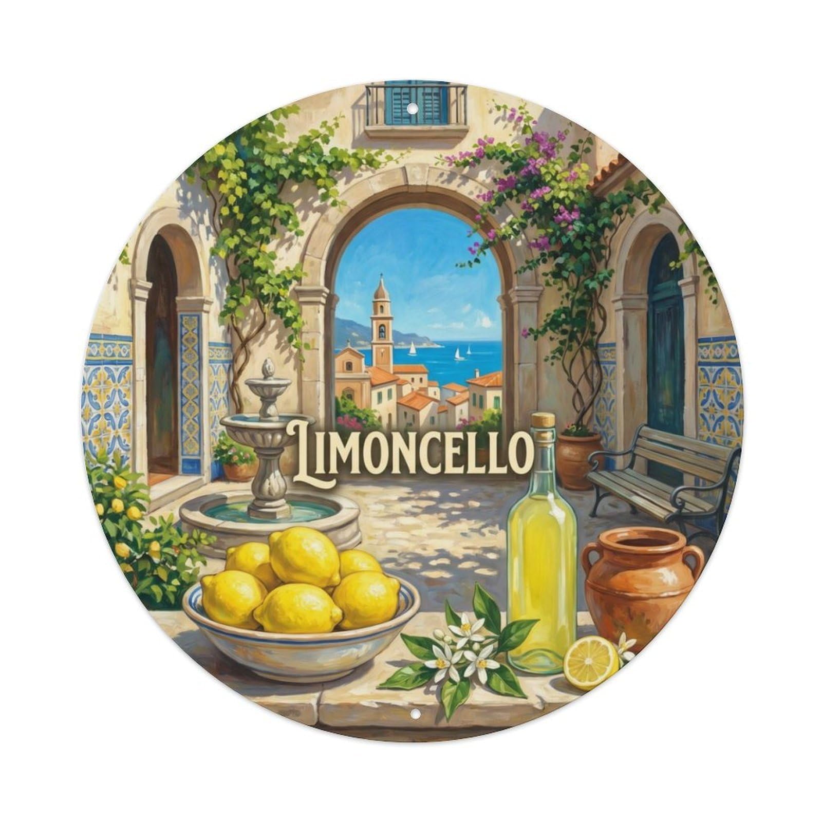 Fqcyn Style Authentic Limoncello Courtyard Metal Tin Sign Plaque Wall Decor For Cafe, Club Bar, Office, Home Garden Round Metal Poster 8X8inch