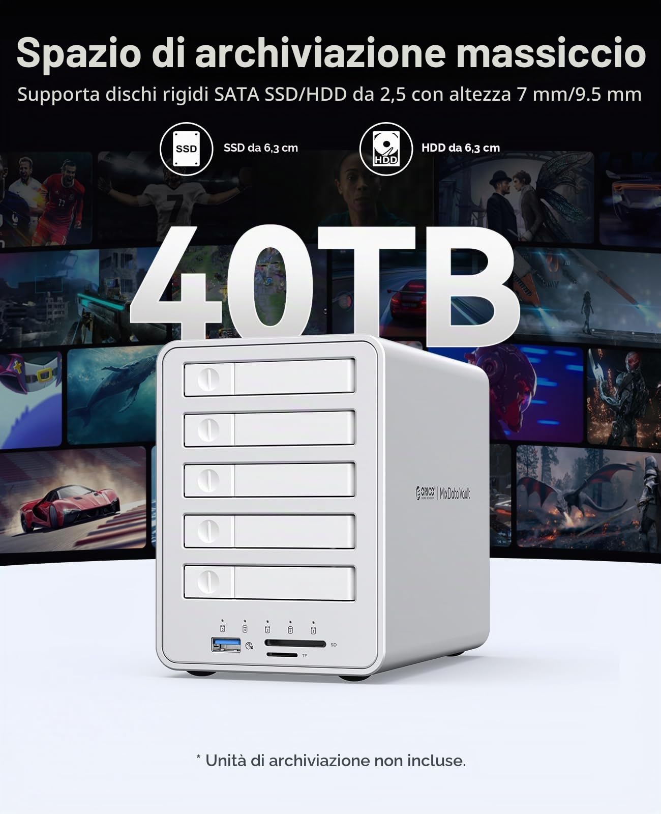 ORICO All-flash Docking Station per Hard Disk 5-Bay RAID Custodia per Disco Rigido Compatibile con HDD e SSD 2,5 SATA con 10Gbps USB 3.2 Gen 2, Supporto Estensione Daisy Chain e 7 Modalità RAID-8858