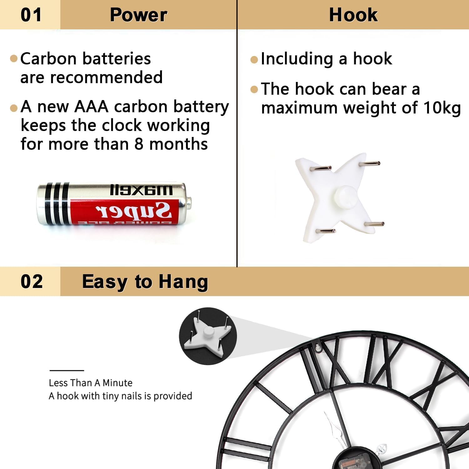 GUDEMAY Reloj de Pared Modernos Grande de 50 cm | Reloj de Pared Vintage Metálico con Números Romanos, Silencioso Sin Tic-TAC | Ideal para Sala, Cocina, Dormitorio, Oficina y Hogar