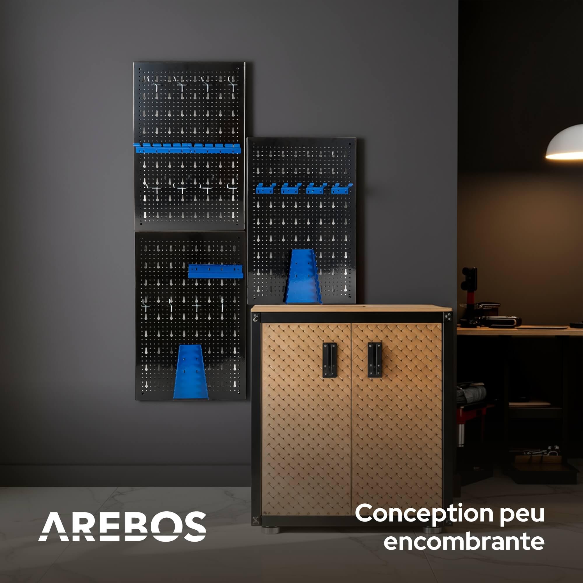 Arebos Paroi à outils en trois parties | Jeu de 17 crochets bleu | 117,6 x 59,5 x 2 cm | Paroi à outils perforée en métal + supports + matériel de montage