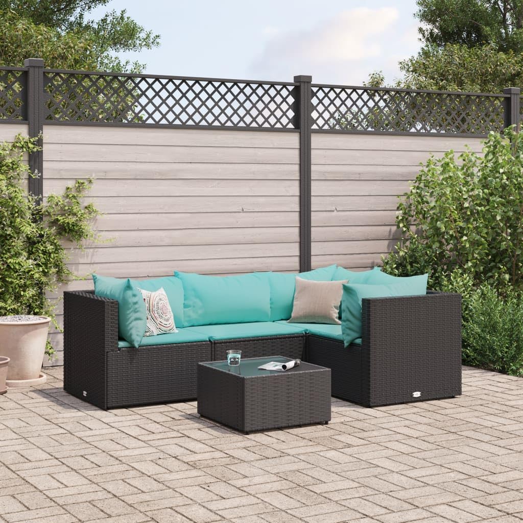 5-Piece Modular Patio Lounge Set with Cushions, Black and Water Blue Outdoor Furniture, Weather-Resistant Design for Garden, Balcony, or Terrace, Spacious Seating for Seven,