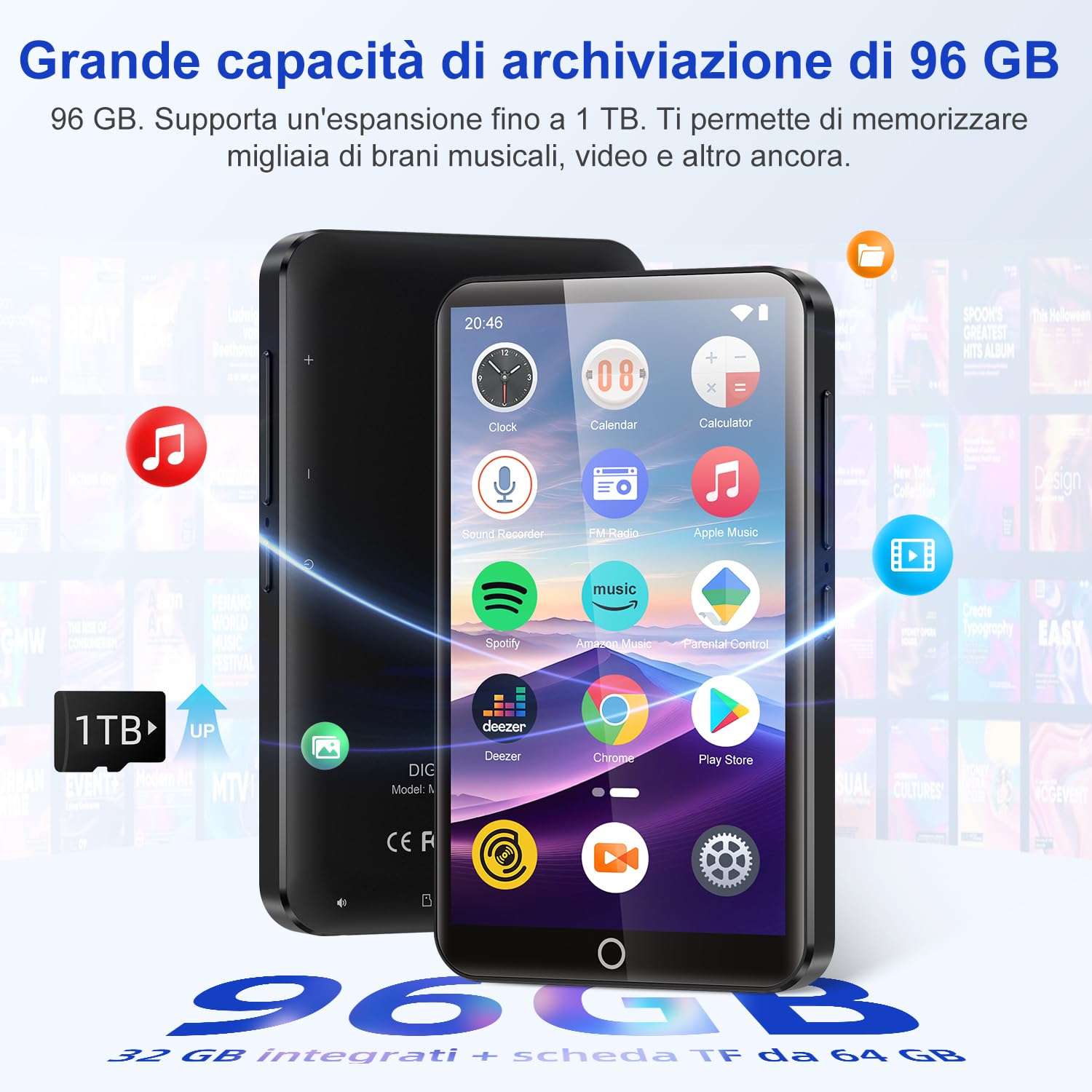 Lettore MP3 da 96 GB con Bluetooth e Wi-Fi, touchscreen IPS da 4,0 pollici, lettore musicale Android, altoparlante integrato, compatibile con Spotify, Deezer, Audible, espandibile fino a 1 TB