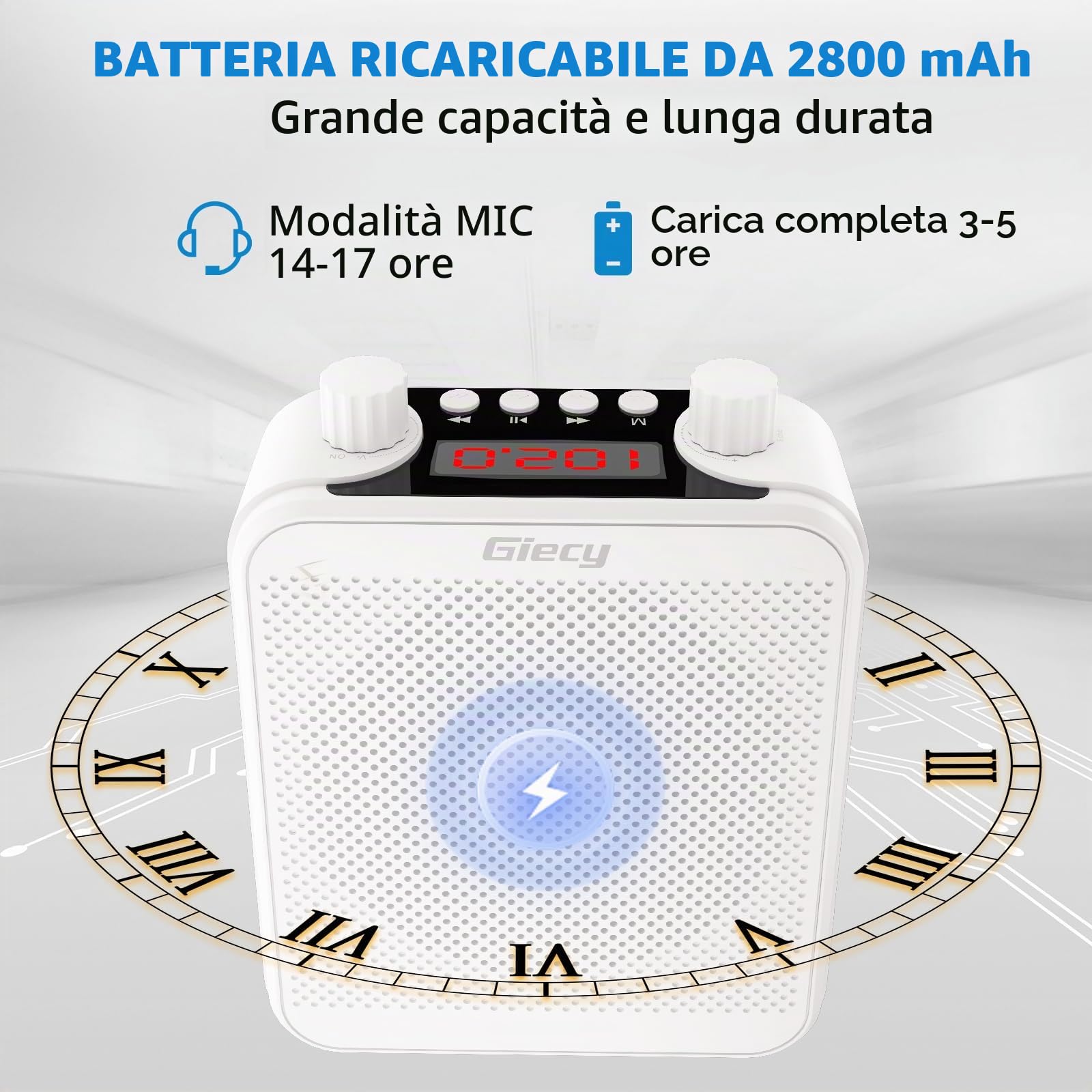 Amplificatore vocale portatile con microfono Batteria ricaricabile 2800mah Sistema PA per insegnanti, guida turistica, allenatori, presentatori(Bianco)