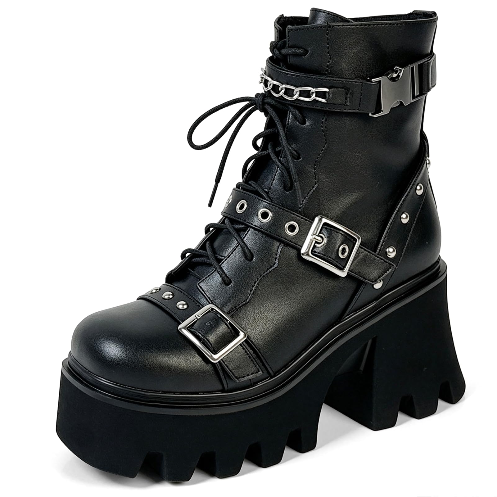 MEOTINA Women Goth Boots Platform Chunky Heel Buckle Combat Ankle Booties | Edgy alt goth punk rave aesthetic for dress styling, rivets, lace up ,zip