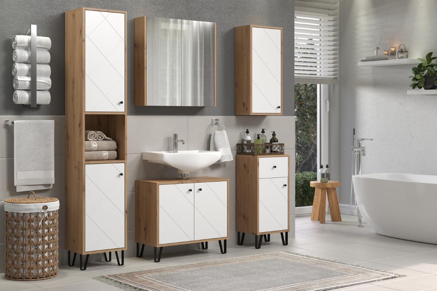 trendteam smart living - Touch - Hochschrank - Artisan Eiche/Weiß - 4 geschlossene und 1 offenes Fach - (BxHxT) 36 x 191 x 29 cm - 2 Einlegeböden - kratzfest